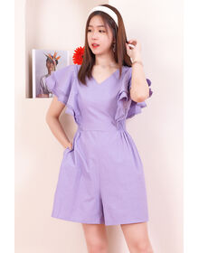 Fine V Neck Lace Trim Butterfly Sleeve Shirred Waist Playsuit (Pastel Purple)